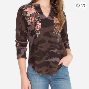 Johnny Was Floral Embroidered Camouflage Long Sleeve Top